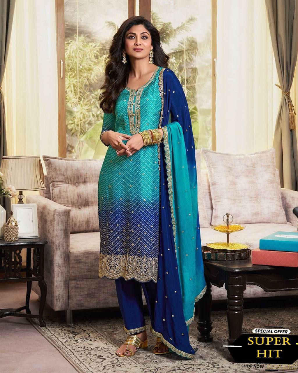 DESIGNER FANCY PURE CHINNON SILK PRINTED AND SEQUENCE EMBROIDERY WORK TOP AND PANT WITH  DUPATTA