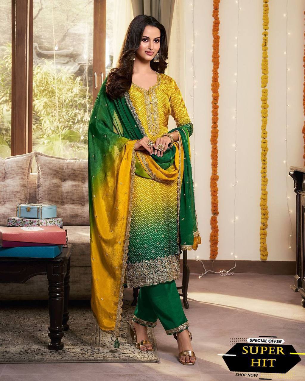 DESIGNER FANCY PURE CHINNON SILK PRINTED AND SEQUENCE EMBROIDERY WORK TOP AND PANT WITH  DUPATTA