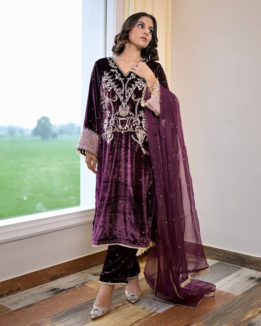 WINTER SEASON WEAR DESIGNER STYLE VELVET SEQUENCE EMBROIDERY WORK SUIT WITH DUPATTA