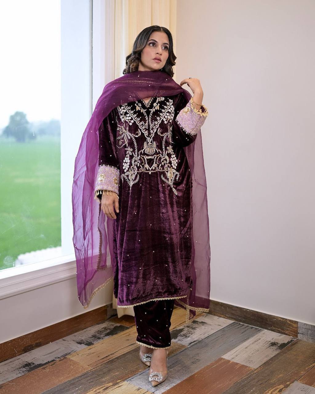 WINTER SEASON WEAR DESIGNER STYLE VELVET SEQUENCE EMBROIDERY WORK SUIT WITH DUPATTA