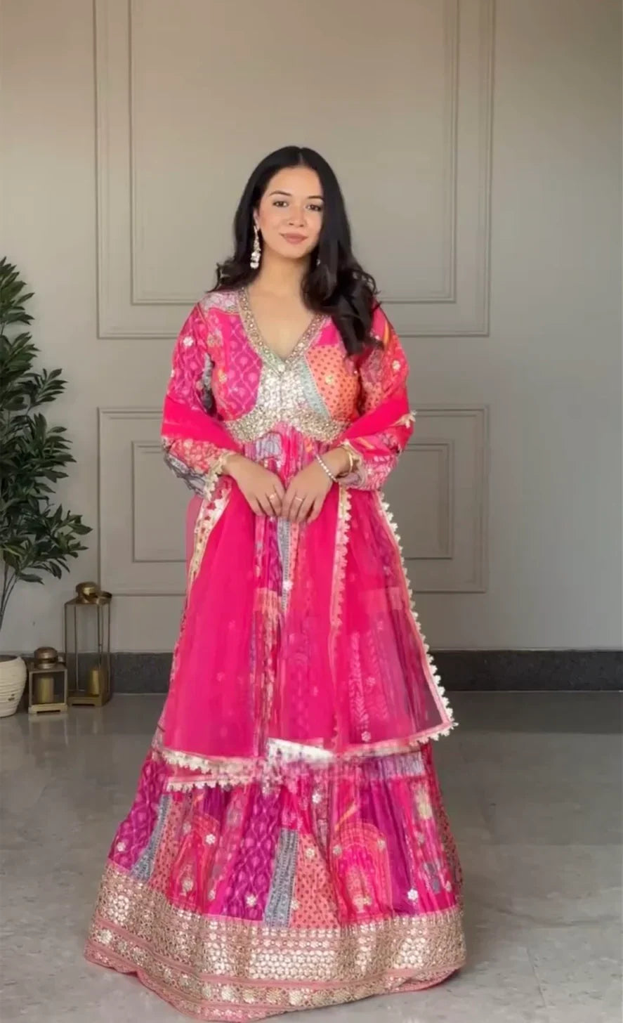 Pink Colour Digital Printed Chinon Silk Aliya Cut Gown