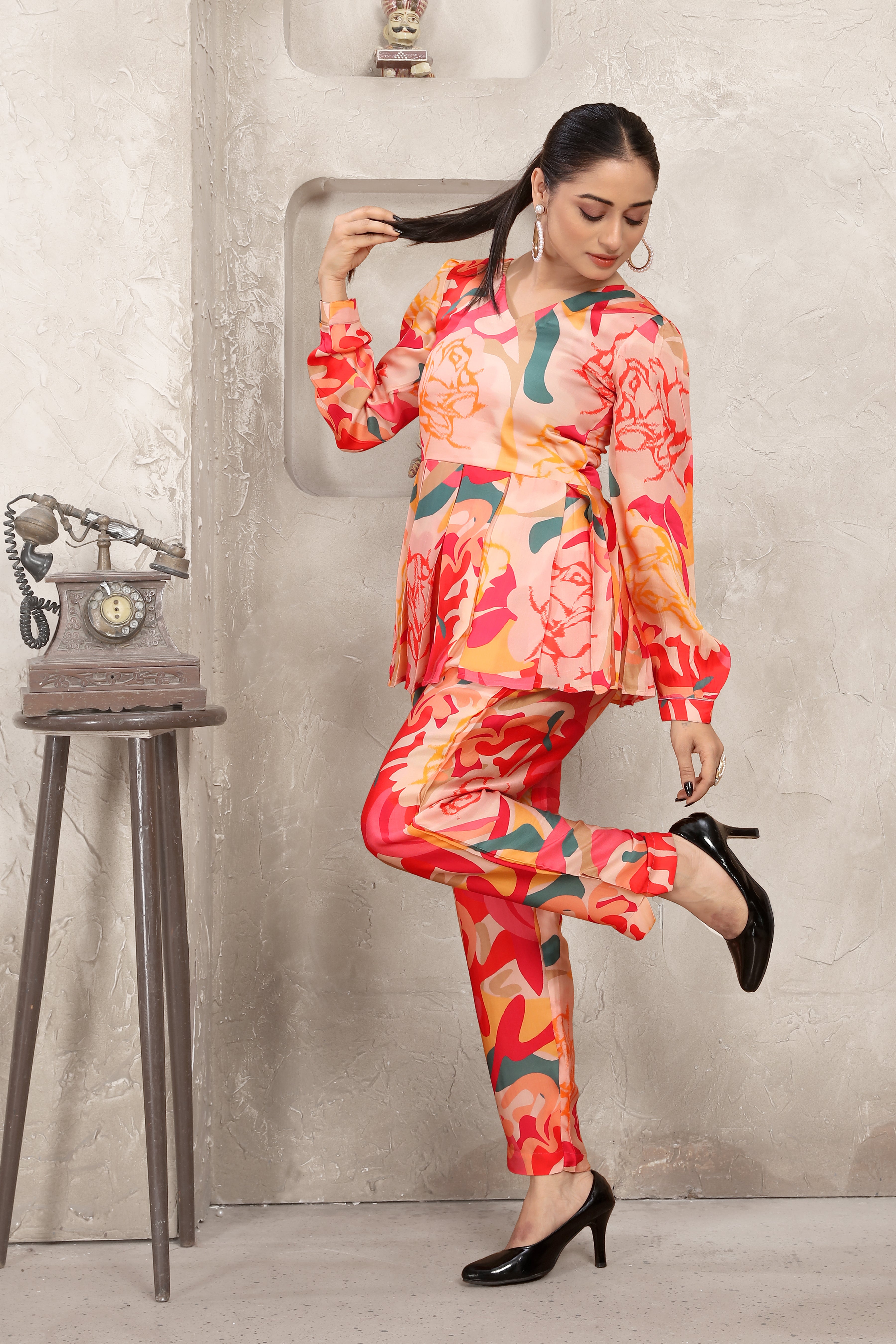 Orange and Red Attractive Print Co-Ord Set