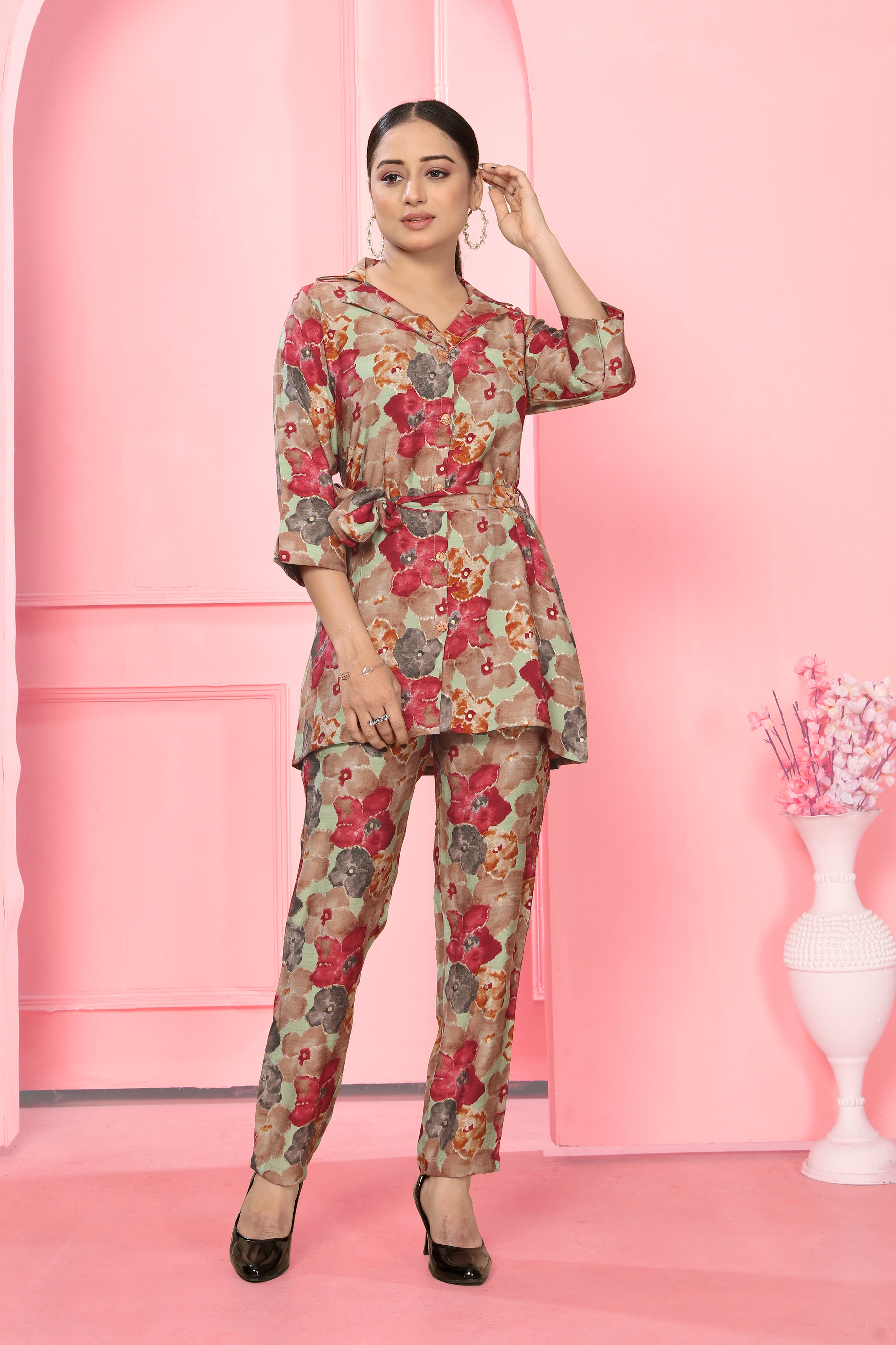 Red Attractive Flower Print Co-Ord Set