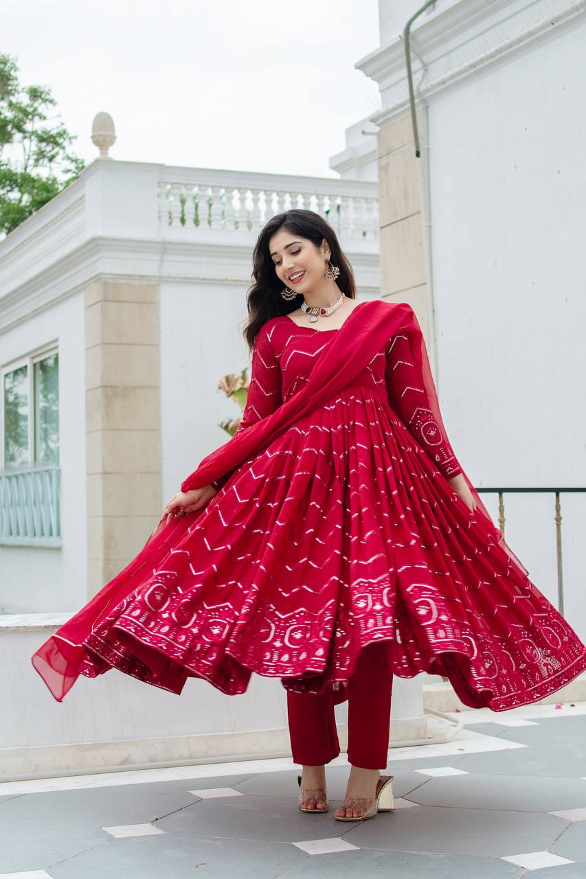 Red Designer Anarkali Suit Set-3 Piece Set