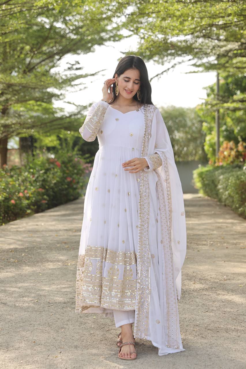 White Stylish Anarkali Suit Set