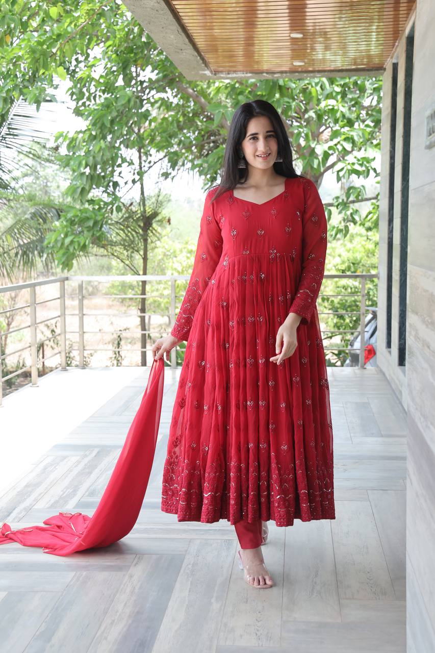 Red  Anarkali Suit Set