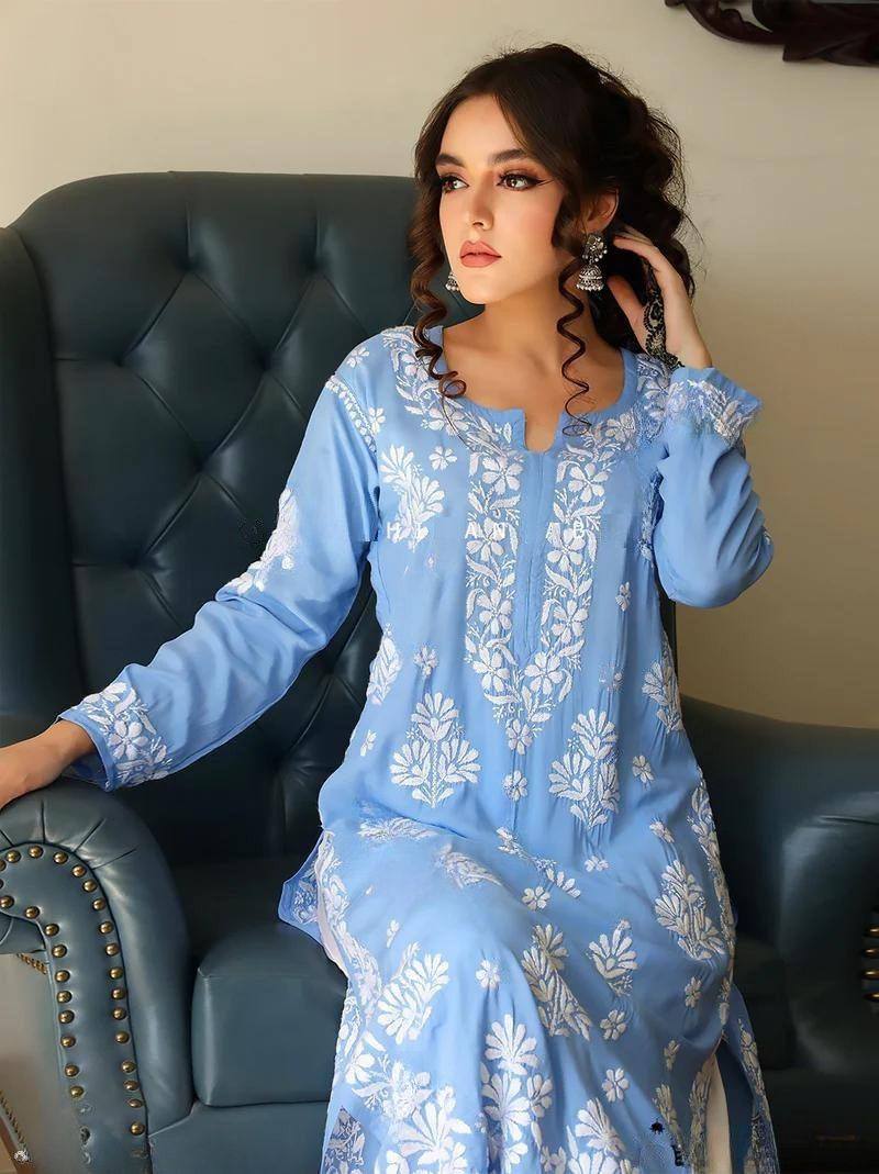 Blue Stylish Designer Chikankari Kurta With Pant Set